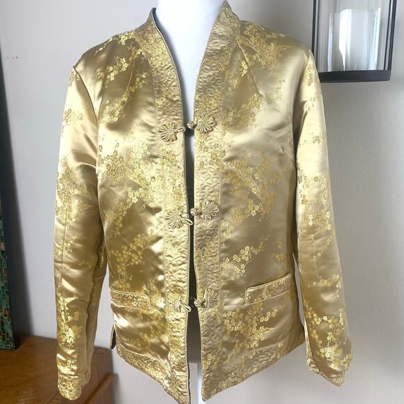Vintage Chinese Sz L Style Gold Silky Reversible Jacket Floral Embroidered Retro - Picture 2 of 16